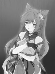 Rule 34 | 1girl, :o, bare shoulders, breast hold, breasts, choker, collared shirt, cone hair bun, devilnevercryzero, dress, genshin impact, gloves, graphite (medium), greyscale, hair bun, hair ornament, hand on own chest, highres, keqing (genshin impact), long hair, medium breasts, monochrome, pleated skirt, shirt, simple background, skirt, solo, traditional media, twintails, wing collar