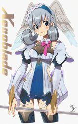 Rule 34 | 1girl, blue eyes, copyright name, cowboy shot, dress, head wings, highres, melia antiqua, nintendo, piko han, signature, silver hair, smile, solo, staff, wings, xenoblade chronicles: future connected, xenoblade chronicles (series), xenoblade chronicles 1