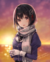 Rule 34 | 10s, 1girl, black eyes, black hair, blurry, blurry background, blush, breath, dated, dusk, enpera, gloves, haguro (kancolle), hair ornament, hair ribbon, happy birthday, jacket, jewelry, juliet sleeves, kantai collection, long hair, long sleeves, looking at viewer, necktie, ocean, open mouth, plaid, plaid scarf, puffy sleeves, ribbon, rimo, ring, scarf, solo, twitter username, upper body, wedding band, white gloves