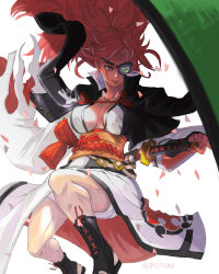 Rule 34 | 1girl, absurdres, baiken, bandages, boots, breasts, cherry blossoms, cleavage, eyepatch, facial mark, feet out of frame, fighting stance, fingerless gloves, floating hair, floor, gloves, guilty gear, guilty gear strive, highres, japanese clothes, kimono, large breasts, long hair, looking at viewer, pink eyes, pink hair, ponytail, rope belt, samurai, sandals, scar, scar across eye, scar on face, serious, sheath, sheathed, signature, sword, thighs, tsuna (akmu8832), weapon
