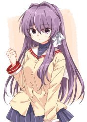 Rule 34 | 1girl, blue skirt, blush, breasts, buttons, clannad, clenched hand, closed mouth, commentary request, fujibayashi kyou, hair between eyes, hair intakes, hair over one eye, hair ribbon, hand up, highres, hikarizaka private high school uniform, long hair, long sleeves, looking at viewer, matsuda hikari, medium breasts, miniskirt, pleated skirt, purple eyes, purple hair, ribbon, sailor collar, school uniform, shirt, sidelocks, skirt, solo, standing, upper body, white ribbon, white sailor collar, yellow shirt