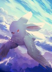 Rule 34 | :d, above clouds, animal, animal ears, animal focus, aurora, bad id, bad pixiv id, bird, blue sky, cloud, commentary request, creature, day, flying, fusion, manino (mofuritaionaka), no humans, open mouth, original, rabbit, rabbit ears, red eyes, scenery, sky, smile, solo, wings
