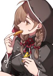 Rule 34 | 1girl, ahoge, black capelet, black dress, braid, breasts, brown eyes, brown hair, capelet, dress, food, highres, holding, holding food, hood, hood up, hooded capelet, kantai collection, katsuobushi (eba games), large breasts, long hair, long sleeves, open mouth, shinshuu maru (kancolle), simple background, solo, twin braids, upper body, white background