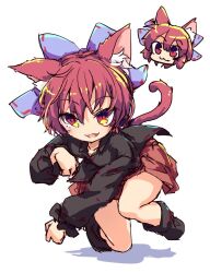 Rule 34 | 1girl, :3, animal ears, black footwear, black shirt, blue bow, bow, cat ears, disembodied head, full body, hair bow, isu (is88), looking at viewer, multiple heads, open mouth, red eyes, red hair, red skirt, sekibanki, shirt, simple background, skirt, smile, solo, touhou, white background