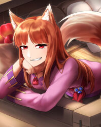 Rule 34 | 1girl, animal ears, apple, brown hair, food, fruit, head rest, holo, jewelry, kneeling, long hair, looking at viewer, monoton (neoteto), outdoors, parted bangs, pouch, red eyes, smile, solo, spice and wolf, tail, wolf ears, wolf tail