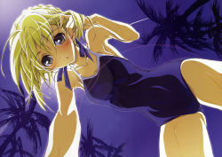 Rule 34 | 00s, absurdres, ahoge, alternate costume, armpits, artoria pendragon (all), artoria pendragon (fate), bare shoulders, blonde hair, blush, fate/stay night, fate (series), from below, hair ribbon, highres, kurashima tomoyasu, one-piece swimsuit, ribbon, saber (fate), scan, short hair, solo, swimsuit, type-moon