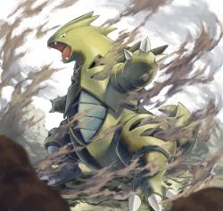 Rule 34 | claws, creatures (company), dust, game freak, gen 2 pokemon, hatiue (hachi), looking at viewer, looking to the side, nintendo, no humans, open mouth, pokemon, pokemon (creature), rock, sharp teeth, sky, solo, standing, stone, stone floor, teeth, tyranitar, wind