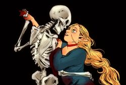Rule 34 | 1girl, 1other, ambiguous gender, black background, blonde hair, blood, blood on clothes, blue robe, braid, bright pupils, choker, commentary, dungeon meshi, elf, english commentary, french braid, green eyes, long hair, looking at another, marcille donato, parted lips, pointy ears, red choker, robe, skeleton, spoilers, tuherrus, upper body, white pupils