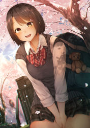 Rule 34 | 1girl, :d, bad id, bad pixiv id, bag, bag charm, between legs, black skirt, blue sky, blurry, blurry background, blush, brick wall, brown eyes, brown hair, charm (object), cherry blossoms, chromatic aberration, collared shirt, commentary request, day, depth of field, dutch angle, flower, hair ornament, hairclip, hand between legs, highres, long sleeves, no parking sign, open mouth, original, outdoors, pink flower, plaid, plaid skirt, pleated skirt, rerrere, school bag, school uniform, shirt, skirt, sky, smile, solo, stuffed animal, stuffed toy, sweater vest, teddy bear, teeth, tree, upper teeth only, white shirt