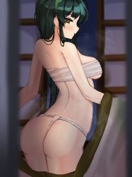 Rule 34 | 1girl, absurdres, artist request, ass, blurry, blurry background, breasts, female focus, fundoshi, green hair, highres, indoors, japanese clothes, long hair, looking at viewer, medium breasts, open mouth, sarashi, shiny skin, solo, sweat, touhoku zunko, voiceroid, yellow eyes
