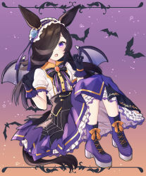Rule 34 | 1girl, animal ears, bat wings, black gloves, blush, boots, brown hair, buttons, center frills, frilled skirt, frills, full body, gloves, hair over one eye, highres, horse ears, horse girl, horse tail, long hair, official alternate costume, open mouth, puffy short sleeves, puffy sleeves, purin jiisan, purple eyes, purple footwear, purple skirt, rice shower (make up vampire!) (umamusume), rice shower (umamusume), shirt, short sleeves, skirt, solo, tail, umamusume, white shirt, wings