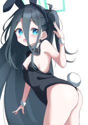 Rule 34 | 1girl, absurdres, animal ears, aqua halo, aris (blue archive), ass, bare shoulders, black hair, black leotard, blue archive, blue eyes, blush, bow, bowtie, breasts, detached collar, fake animal ears, fake tail, from side, halo, highres, kabocya na, leaning forward, leotard, long hair, looking at viewer, one side up, open mouth, playboy bunny, rabbit ears, rabbit tail, rectangular halo, small breasts, smile, solo, strapless, strapless leotard, tail, thighs, very long hair, wrist cuffs