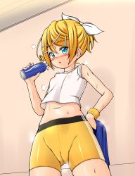 Rule 34 | 1girl, absurdres, bike shorts, blonde hair, blue eyes, blush, bottle, cameltoe, dutch angle, female focus, highres, kagamine rin, kitsunerider, looking at viewer, navel, short hair, sleeves rolled up, solo, steam, sweat, towel, vocaloid, water bottle, wristband