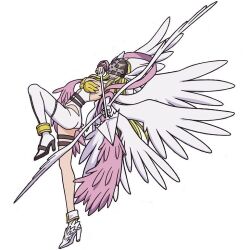 Rule 34 | 1girl, angel, angel girl, angewomon, armor, arrow (projectile), ass, blonde hair, boots, bow (weapon), breastplate, breasts, cleavage, clothing cutout, digimon, digimon adventure: (2020), flying, full body, head wings, helmet, holding, holding weapon, large breasts, leotard, mask, midriff, monster girl, multiple wings, navel cutout, official art, revealing clothes, smile, thighhighs, weapon, wide hips, winged helmet, wings