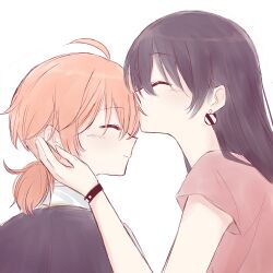 Rule 34 | 2girls, absurdres, ahoge, black hair, blush, bracelet, closed eyes, commentary, couple, earrings, english commentary, hand on another&#039;s cheek, hand on another&#039;s face, highres, jewelry, kiss, kissing forehead, koito yuu, long hair, low twintails, multiple girls, nanami touko, orange hair, pink shirt, shanays, shirt, short sleeves, short twintails, simple background, twintails, upper body, white background, yagate kimi ni naru, yuri