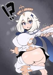 Rule 34 | alternate breast size, blue eyes, breasts, english text, feet, genshin impact, hair ornament, halo, hand grab, highres, huge breasts, male hand, no panties, open mouth, paimon (genshin impact), simple background, surprised, sweat, sweatdrop, thick thighs, thighhighs, thighs, tight clothes, white hair, whomperfruit