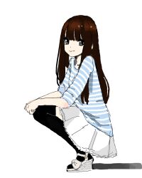 Rule 34 | 1girl, bad drawr id, bad id, black eyes, black thighhighs, blue shirt, blush, brown hair, closed mouth, frilled skirt, frills, hands on own knees, long hair, long sleeves, looking at viewer, oekaki, original, pleated skirt, sandals, shadow, shirt, sidelocks, simple background, skirt, smile, solo, squatting, striped clothes, striped shirt, tamako (ramil), thighhighs, white background, white skirt