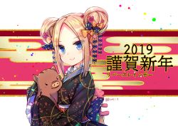 Rule 34 | 1girl, 2019, abigail williams (fate), animal, black bow, black kimono, blonde hair, blue bow, blue eyes, blush, boar, bow, closed mouth, dated, double bun, egasumi, fate/grand order, fate (series), floral print, flower, forehead, frilled kimono, frilled sleeves, frills, hair bow, hair bun, hair flower, hair ornament, holding, holding animal, japanese clothes, jin young-in, kimono, light brown hair, long hair, long sleeves, looking at viewer, new year, obi, orange bow, parted bangs, pig hair ornament, polka dot, polka dot bow, sash, side bun, sidelocks, sleeves past fingers, sleeves past wrists, smile, solo, stuffed animal, stuffed toy, teddy bear, upper body, wide sleeves