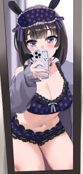 Rule 34 | 1girl, absurdres, black hair, blush, breasts, cardigan, cellphone, cleavage, covering own mouth, cowboy shot, cropped shirt, eye mask, frilled shorts, frills, full-length mirror, grey cardigan, highres, holding, holding phone, indoors, kinomiki, large breasts, legs apart, long bangs, long sleeves, looking at mirror, looking at viewer, mask, mask on head, medium hair, mirror, navel, nijisanji, off shoulder, open cardigan, open clothes, phone, purple eyes, purple shirt, purple shorts, selfie, shirt, shorts, sidelocks, sleep mask, sleeveless, sleeveless shirt, smartphone, solo, stomach, thighs, tsukino mito, tsukino mito (loungewear), virtual youtuber