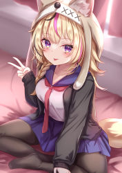 Rule 34 | 1girl, :p, animal ear fluff, animal ears, animal hood, black jacket, black pantyhose, blonde hair, blue sailor collar, blue skirt, blush, braid, breasts, fox tail, hand up, highres, hololive, hood, hood up, jacket, long hair, looking at viewer, medium breasts, miniskirt, multicolored hair, necktie, no shoes, omaru polka, open clothes, open jacket, pantyhose, purple eyes, purple hair, red necktie, sailor collar, shirt, sitting, skirt, sleeves past wrists, solo, streaked hair, tail, tongue, tongue out, v, virtual youtuber, white shirt, yuano