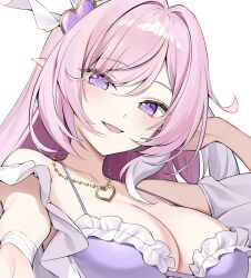 Rule 34 | 1girl, bare shoulders, bikini, breasts, cleavage, collarbone, diamond-shaped pupils, diamond (shape), elf, elysia (herrscher of human: ego) (honkai impact), elysia (honkai impact), hair ornament, heart, heart necklace, highres, honkai (series), honkai impact 3rd, jewelry, large breasts, long hair, looking at viewer, multicolored hair, necklace, parted lips, pink hair, pointy ears, purple bikini, purple eyes, simple background, smile, solo, swimsuit, symbol-shaped pupils, tokitamago (tokita mago1), two-tone hair, unfinished, upper body, white background, white hair