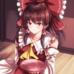 Rule 34 | 1girl, ascot, blush, brown hair, collarbone, commentary request, cup, detached sleeves, hair between eyes, hair ribbon, hair tubes, hakurei reimu, highres, holding, holding cup, light blush, looking at viewer, medium hair, partial commentary, petals, petals on liquid, ponytail, red eyes, red vest, ribbon, sakazuki, shiranui (wasuresateraito), sidelocks, sitting, smile, solo, touhou, upper body, veranda, vest, yellow ascot