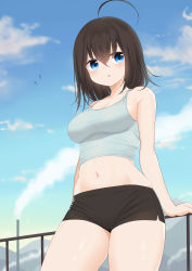 Rule 34 | 1girl, :o, ahoge, bad id, bad pixiv id, bare arms, bare shoulders, bird, black hair, black shorts, blue eyes, blue sky, breasts, camisole, cleavage, cloud, collarbone, commentary request, cowboy shot, crop top, day, grey shirt, hair between eyes, highres, looking at viewer, lycorisia elle, medium breasts, midriff, navel, nerisan, original, outdoors, parted lips, railing, shirt, short hair, short shorts, shorts, sky, sleeveless, sleeveless shirt, smoke, solo, standing, stomach, thighs