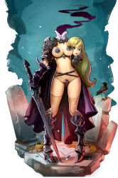 Rule 34 | 1girl, animal, armor, belt, bird, blonde hair, boots, breasts, cape, crow, disembodied head, dullahan, full body, g-string, gauntlets, hair between eyes, high collar, high heel boots, high heels, highres, holding, holding head, holding weapon, knight, large breasts, long hair, maebari, narongchai singhapand, open mouth, original, panties, pasties, pauldrons, pigeon-toed, purple eyes, shoulder armor, shoulder pads, skull, smoke, solo, sword, thighhighs, thong, torn clothes, torn thighhighs, underwear, weapon