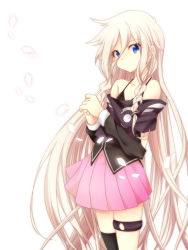Rule 34 | 0580 (artist), 1girl, bad id, bad pixiv id, bare shoulders, blonde hair, blue eyes, braid, glowing, glowing petals, highres, ia (vocaloid), long hair, off shoulder, petals, simple background, single thighhigh, skirt, solo, thigh strap, thighhighs, twin braids, very long hair, vocaloid
