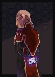 Rule 34 | 1girl, alternate costume, blonde hair, blue eyes, commentary, crossover, dress, earrings, edelgard von hresvelg, electricity, english commentary, fire emblem, fire emblem: three houses, gloves, hair behind ear, highres, jawli, jewelry, long hair, looking back, mass effect (series), mass effect 1, nintendo, own hands together, parted lips, science fiction, solo, white gloves