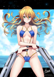 Rule 34 | 1girl, adsouto, bare arms, bikini, black border, blazblue, blonde hair, blue bikini, blue sky, blurry, blurry background, border, breasts, cameltoe, cleavage, closed mouth, cloud, collarbone, criss-cross halter, day, dual wielding, floating hair, green eyes, groin, gun, halterneck, highres, holding, holding gun, holding weapon, long hair, looking at viewer, noel vermillion, ocean, outdoors, signature, sky, small breasts, smile, solo, straight hair, swimsuit, v-shaped eyebrows, very long hair, watermark, weapon, web address