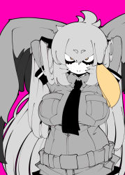 Rule 34 | 1girl, alternate breast size, alternate hair length, alternate hairstyle, arms behind head, arms up, belt, bird wings, breast pocket, breasts, closed mouth, collared shirt, grey theme, greyscale, greyscale with colored background, hair between eyes, head wings, kemono friends, large breasts, large wings, layered sleeves, long hair, long sleeves, looking at viewer, low ponytail, monochrome, multicolored hair, nananana nanana, necktie, orange eyes, orange hair, pink background, pocket, shirt, shoebill (kemono friends), short over long sleeves, short sleeves, shorts, side ponytail, simple background, smile, solo, upper body, very long hair, wings