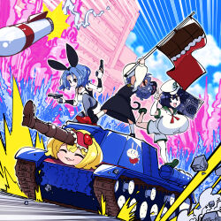 Rule 34 | 4girls, :x, absurdres, alice margatroid, anchor symbol, animal ears, black eyes, black footwear, black hair, blonde hair, blue hair, blue sky, boombox, boots, breasts, brown footwear, chocolate bar print, city, closed mouth, cloud, commentary request, cookie (touhou), day, dual wielding, dutch angle, explosion, fake animal ears, flag, flat chest, flour (cookie), food-themed hair ornament, full body, gram 9, green footwear, grey hair, grey skirt, grey vest, gun, hair ornament, handgun, hat, highres, holding, holding gun, holding weapon, huge breasts, ichigo (cookie), kumoi ichirin, leotard, long sleeves, looking afar, looking at viewer, medium breasts, medium hair, military, military vehicle, milk (cookie), missile, motor vehicle, mouse ears, mouse girl, mouse tail, multiple girls, murasa minamitsu, nazrin, neckerchief, nyon (cookie), open mouth, outdoors, parted bangs, rabbit ears, red eyes, red footwear, red neckerchief, sailor collar, sailor hat, sailor shirt, shirt, shoes, short hair, shorts, skirt, sky, smile, socks, strawberry hair ornament, tail, tank, touhou, tuxedo leotard, v-shaped eyebrows, vest, waving flag, weapon, white shirt, white shorts, white socks