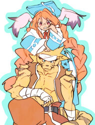 Rule 34 | 1boy, 1girl, :d, :|, animal ears, arm on knee, arms up, bandaged hand, bandages, blue eyes, blue headwear, blue outline, braid, breath of fire, breath of fire iii, cat ears, cat tail, closed mouth, dress, furry, furry male, gown, hamagurihime, hand on own face, hat, leaning forward, leaning on person, long hair, looking at viewer, momo (breath of fire), mortarboard, open mouth, outline, purple eyes, rabbit ears, red hair, rei (breath of fire), sitting, sleeveless, smile, striped, tail, very long hair, vest, white background