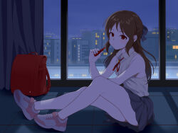 Rule 34 | 1girl, absurdres, backpack, bag, blue bow, blue skirt, bow, breasts, brown eyes, brown hair, building, curtains, genmon, hair bow, highres, idolmaster, idolmaster cinderella girls, indoors, lipstick, long hair, looking at viewer, makeup, night, on floor, pink footwear, red bag, shirt, shoes, sitting, skirt, sleeveless, sleeveless shirt, small breasts, sneakers, solo, straight hair, tachibana arisu, white shirt, window