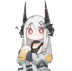 Rule 34 | 1girl, ?, arknights, beer mug, black gloves, black shirt, chibi, commentary, cup, ear piercing, foam mustache, gloves, grey jacket, holding, holding cup, horns, jacket, long hair, looking at viewer, mikozin, mudrock (arknights), mudrock (elite ii) (arknights), mug, off shoulder, piercing, pointy ears, red eyes, shirt, simple background, sleeveless, sleeveless shirt, solo, symbol-only commentary, upper body, white background, white hair