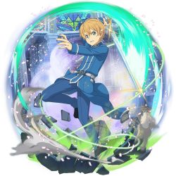 Rule 34 | 1boy, arm up, belt, belt buckle, black footwear, blonde hair, blue coat, blue pants, blue rose sword, buckle, clenched teeth, coat, eugeo, full body, highres, holding, holding sword, holding weapon, leg lift, long sleeves, male focus, non-web source, official art, pants, solo, sword, sword art online, teeth, transparent background, weapon, white belt