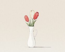 Rule 34 | flower, highres, mitsubachi (roundbee), no humans, original, red flower, red tulip, shadow, simple background, still life, tulip, vase, white background, white flower, white tulip