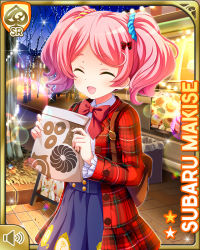 Rule 34 | 1girl, :d, blouse, blue skirt, bow, character name, closed eyes, coat, girlfriend (kari), hair ornament, lights, makise subaru, open mouth, outdoors, pink hair, plaid, plaid coat, qp:flapper, red bow, red coat, shirt, skirt, smile, standing, tagme, thighhighs, twintails, white shirt, winter clothes, winter coat, yellow eyes