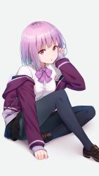 Rule 34 | 10s, 1girl, adjusting hair, arm up, black pantyhose, black skirt, breasts, brown footwear, collared shirt, expressionless, grey background, gridman universe, highres, hyuuga azuri, jacket, large breasts, light purple hair, loafers, looking at viewer, medium breasts, pantyhose, parted lips, pink eyes, shinjou akane, shirt, shoes, short hair, simple background, sitting, skirt, solo, ssss.gridman, white shirt