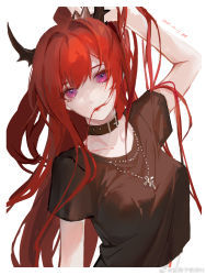 Rule 34 | 1girl, arknights, belt collar, breasts, collar, eyebrows hidden by hair, hair between eyes, hair in own mouth, heisehaidaitang, highres, horns, jewelry, long hair, looking at viewer, medium breasts, mouth hold, necklace, pink hair, red hair, shirt, simple background, solo, upper body, white background