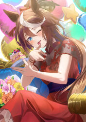 Rule 34 | 1girl, absurdres, alternate costume, alternate hairstyle, animal ears, balloon, blue eyes, blush, bouquet, bow, breasts, brown hair, cake, chakuma (yiyh1468), commentary request, crossed legs, dress, feet out of frame, flower, food, hair between eyes, highres, holding, holding plate, horse ears, horse girl, horse tail, licking, licking finger, long hair, looking at viewer, medium breasts, multicolored hair, one eye closed, plate, red bow, red dress, sitting, smile, solo, streaked hair, tail, tokai teio (umamusume), umamusume, very long hair, white hair