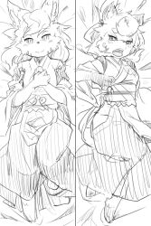 Rule 34 | 2girls, animal ear fluff, animal ears, animal feet, animal nose, barefoot, bed sheet, blush, body fur, breasts, closed mouth, dakimakura (medium), detached sleeves, facial mark, female focus, flat chest, fox ears, fox girl, from above, full body, furry, furry female, greyscale, hakama, hakama skirt, half-closed eyes, hand up, hands on own chest, hands up, happy, highres, japanese clothes, kame (3t), kimono, knee up, light blush, long sleeves, looking at viewer, lying, miko, monochrome, multiple girls, obi, on back, open mouth, original, own hands together, raccoon ears, raccoon girl, rin-chan (kame (3t)), sash, short hair, sketch, skirt, sleeveless, sleeveless kimono, small breasts, smile, snout, split mouth, straight-on, swept bangs, teeth, topknot, whisker markings, wide sleeves, yhun-chan (kame (3t))