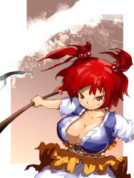 Rule 34 | 1girl, breasts, cleavage, female focus, hair bobbles, hair ornament, highres, large breasts, onozuka komachi, red eyes, red hair, scythe, short hair, solo, touhou, twintails, two side up, yashima yuuta