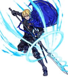 Rule 34 | 1boy, armor, armored boots, blonde hair, blue eyes, boots, cape, dimitri alexandre blaiddyd, fire emblem, fire emblem: three houses, fire emblem heroes, fujisaka kimihiko, full body, gauntlets, gloves, glowing, highres, long sleeves, male focus, nintendo, official art, pants, polearm, short hair, solo, spear, sword, transparent background, weapon