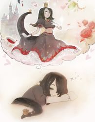 Rule 34 | 1girl, black dress, black hair, blood, castle, closed mouth, commentary, crown, cup, dreaming, dress, english commentary, closed eyes, frilled dress, frills, gem, gloves, hair over one eye, hand up, heart, highres, jewelry, leech girl, leech queen (matilda fiship), long dress, matilda fiship, monster girl, necklace, original, puffy short sleeves, puffy sleeves, short sleeves, skirt hold, smile, solo, tail, tentacle hair, thought bubble, white eyes, white gloves, zzz