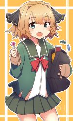 Rule 34 | 1girl, absurdres, bag, black ribbon, blue eyes, blush, brown hair, candy, food, green jacket, green skirt, hachijou (kancolle), hair ribbon, highres, holding, holding bag, holding candy, holding food, holding lollipop, jacket, kantai collection, lollipop, long sleeves, ma rukan, open mouth, pleated skirt, pom pom (clothes), red neckwear, ribbon, sailor collar, school uniform, short hair, signature, skirt, solo