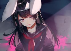 Rule 34 | 1girl, absurdres, animal ears, black hair, blood, blood from mouth, collarbone, hair ornament, hairclip, highres, kneeling, long hair, looking to the side, nijisanji, ninahachi, pleated skirt, rabbit ears, red eyes, school uniform, skirt, solo, triangular headpiece, tsukino mito, tsukino mito (5th costume), virtual youtuber