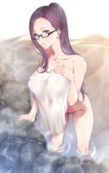 Rule 34 | 1girl, black-framed eyewear, blush, breasts, collarbone, covering privates, eyebrows hidden by hair, female pubic hair, forehead, glasses, hair pulled back, kagamihara sakura, large breasts, long hair, looking at viewer, naked towel, nude, nude cover, onsen, parted lips, ponytail, pubic hair, purple eyes, purple hair, rock, solo, steam, thighs, towel, wading, water, wet, white towel, yurucamp, zucchini