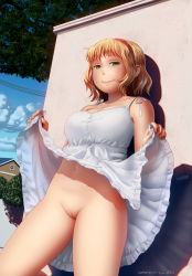 Rule 34 | 1girl, against wall, blonde hair, blunt bangs, cleft of venus, clothes lift, cloud, cowboy shot, dress, exhibitionism, green eyes, hairband, highres, idfer, looking at viewer, navel, no panties, original, public indecency, pussy, shadow, short hair, skirt, skirt lift, smile, solo, tree, uncensored